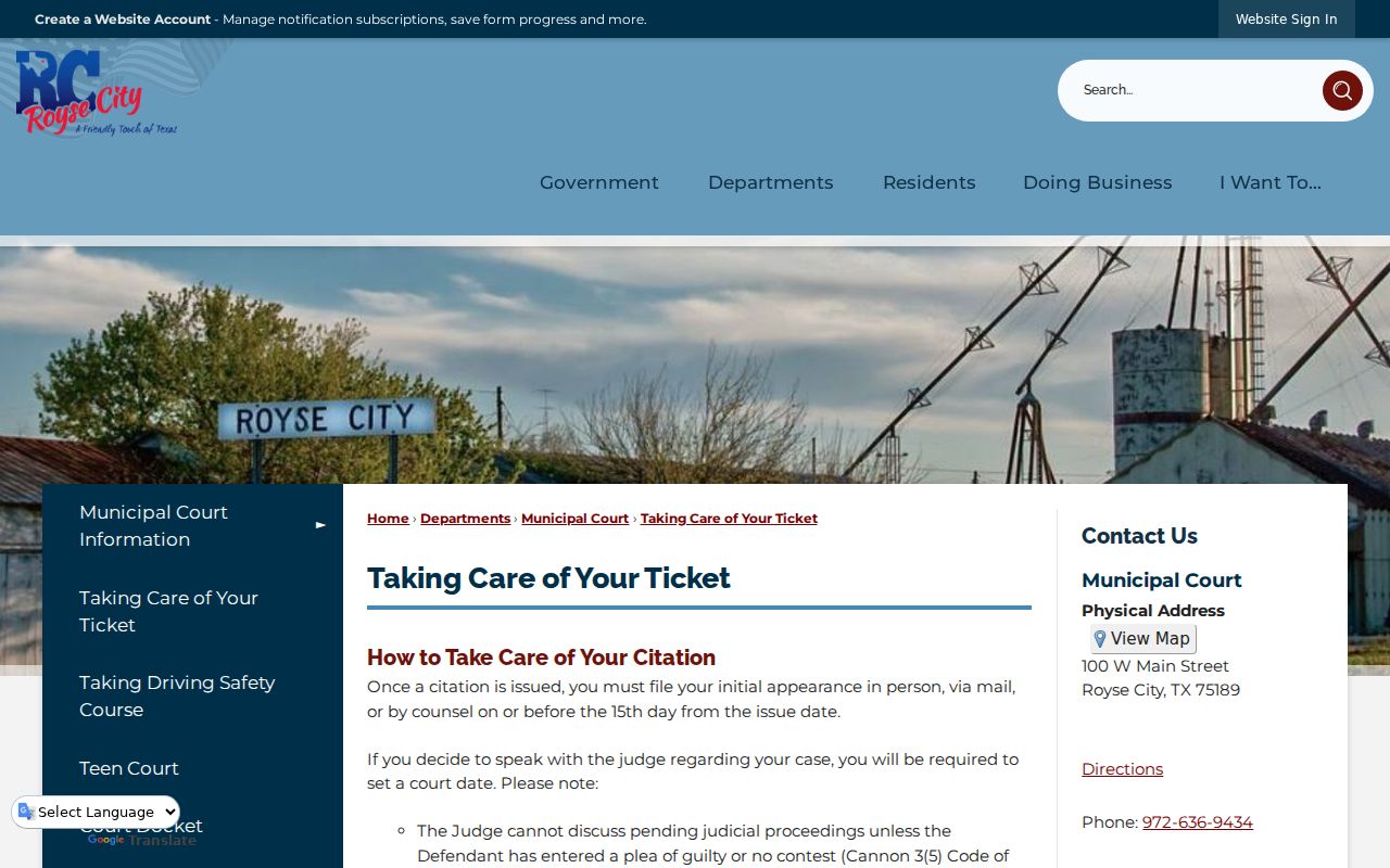 Royse City warrant records: ticket compliance instructions and citation route